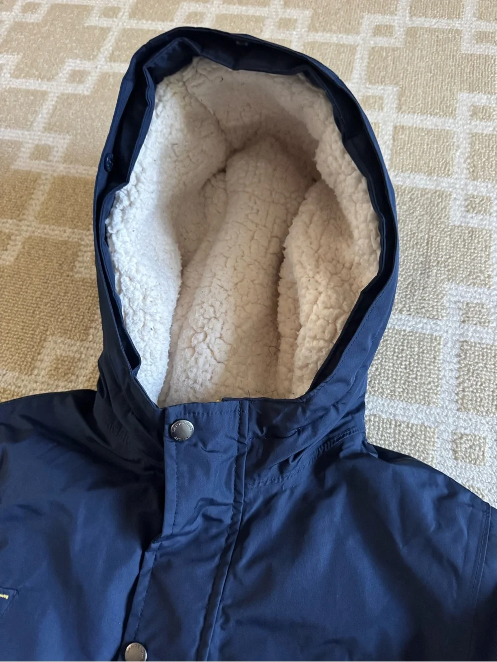 Lands’ End Kids Down Parka Sherpa Lined Hooded Coat Navy Yellow Medium 10-12